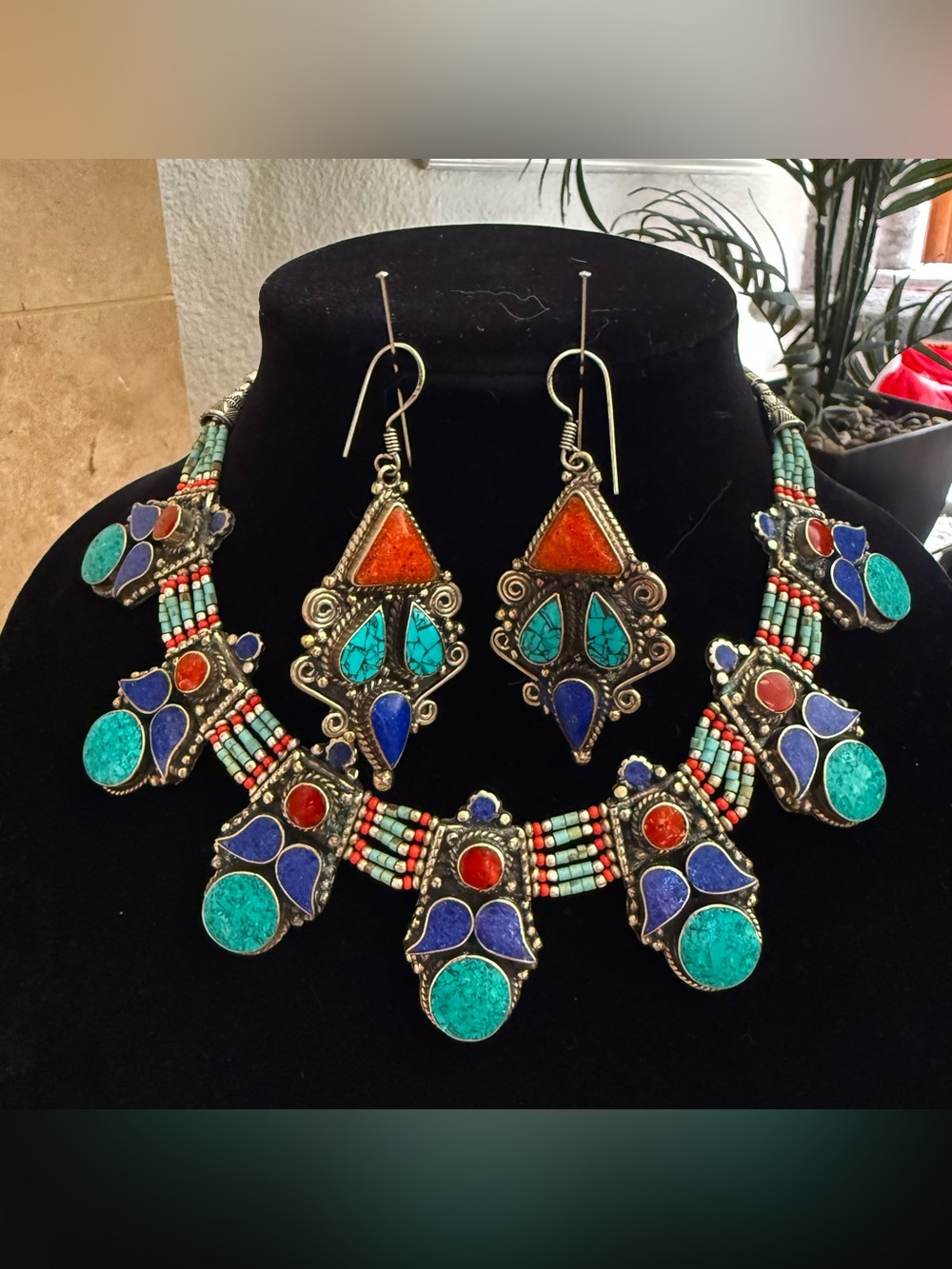 Vintage Statement Set Necklace Earrings Turquoise Lapis Lazuli & Coral Choker